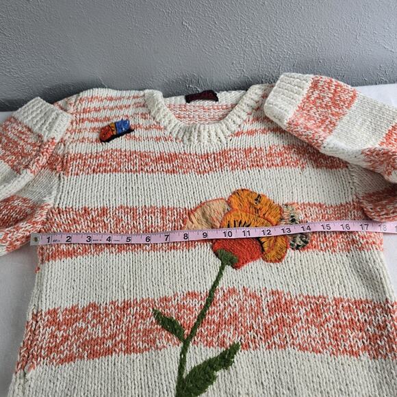 Cinzia Pistoia Hand Knit Flower Cotton Crew Sweater Small Orange Striped Cottage - Picture 3 of 9
